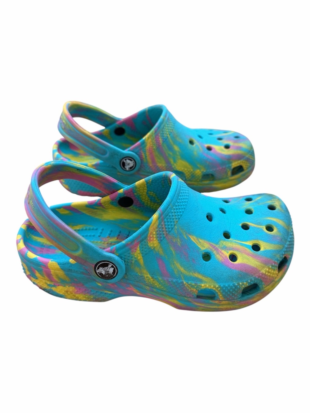 CROCS Kids Tie-Dye Clog in Aqua Blue, Pink & Yellow Marble